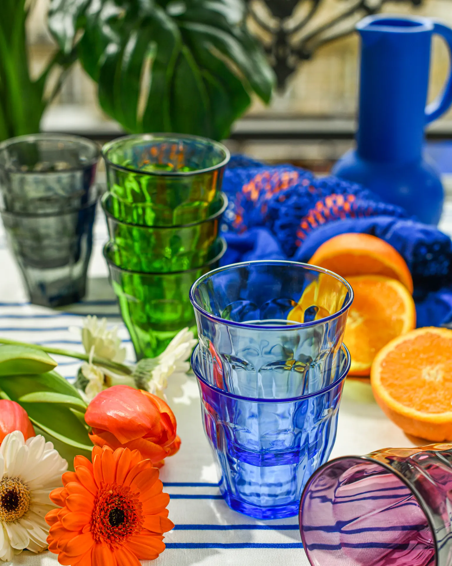 Mixed Color Glass Tumbler Set (Marine, Green, Plum, Grey) 8.375oz - Set of 4
